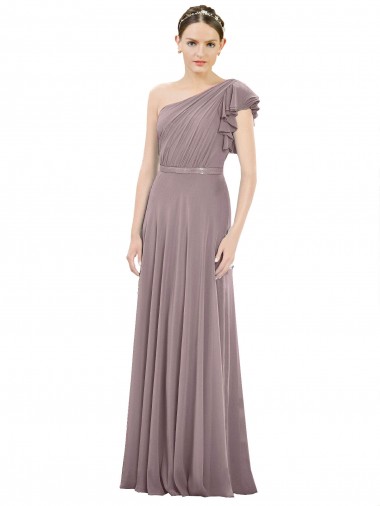 Cheap Full Length One Shoulder Chiffon Bridesmaid Dress with Shoulder Ruffle UK