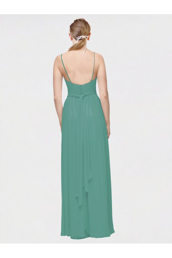 Rouched V-Neckline and Spaghetti Straps Long Chiffon Bridesmaid Dress