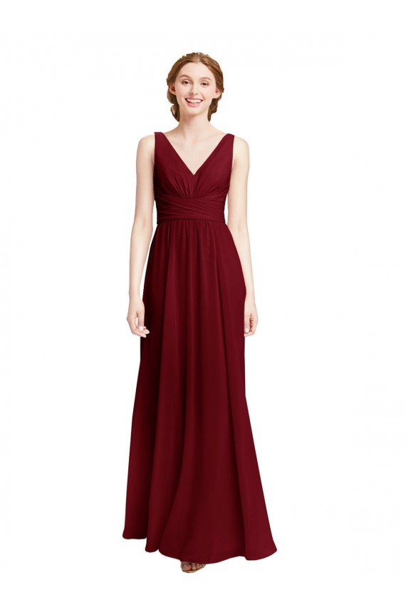 Long Chiffon V-Neck Bridesmaids Dress with Double Strap