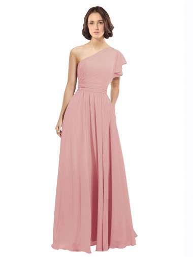 Cheap Chiffon Bridesmaids Dress with One Shoulder Flounced Sleeve UK