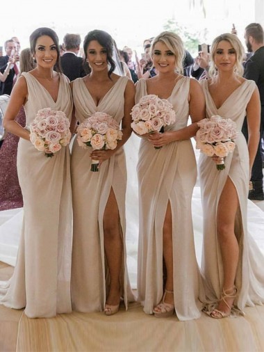 Cheap Chiffon Long Champagne Evening Dress with Sexy High Slit and Front Ruffles UK