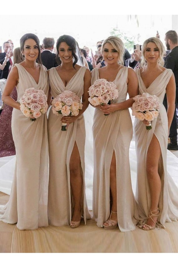 Chiffon Long Champagne Evening Dress with Sexy High Slit and Front Ruffles