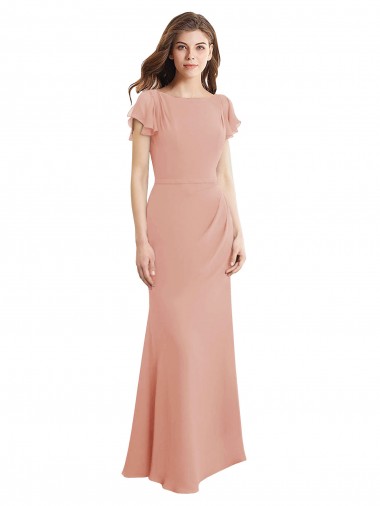Cheap Cap Sleeves Long Chiffon Bridesmaid Dress with Low V-Back UK