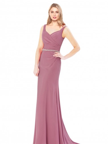 Cheap Long Slim Chiffon Bridesmaid Dress with Beaded Waist UK