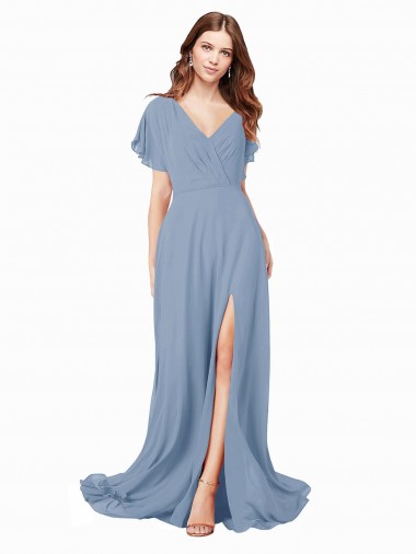 Cheap Chiffon Bridesmaid Dress with Flutter Sleeves and Front Slit UK