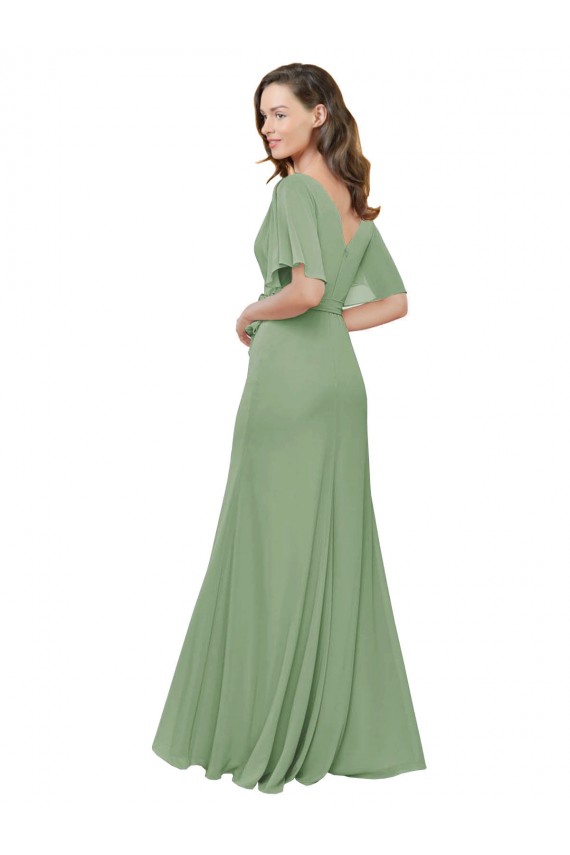 Chiffon V-Neckline Wrap Bridesmaids Dress With Double Flutter Sleeve