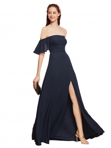 Cheap Off the Shoulder Floaty Sleeves Chiffon Bridesmaid Dress with High Slit UK