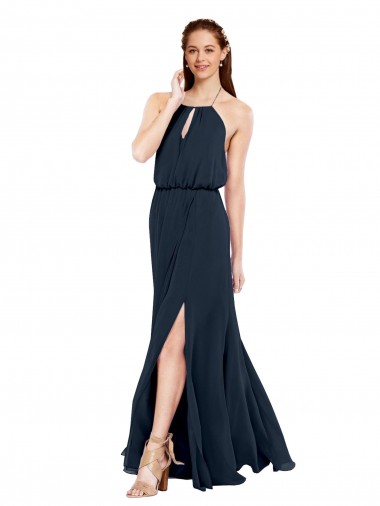 Cheap Grecian Style Halter Chiffon Bridesmaid Dress with Keyhole and Slit UK