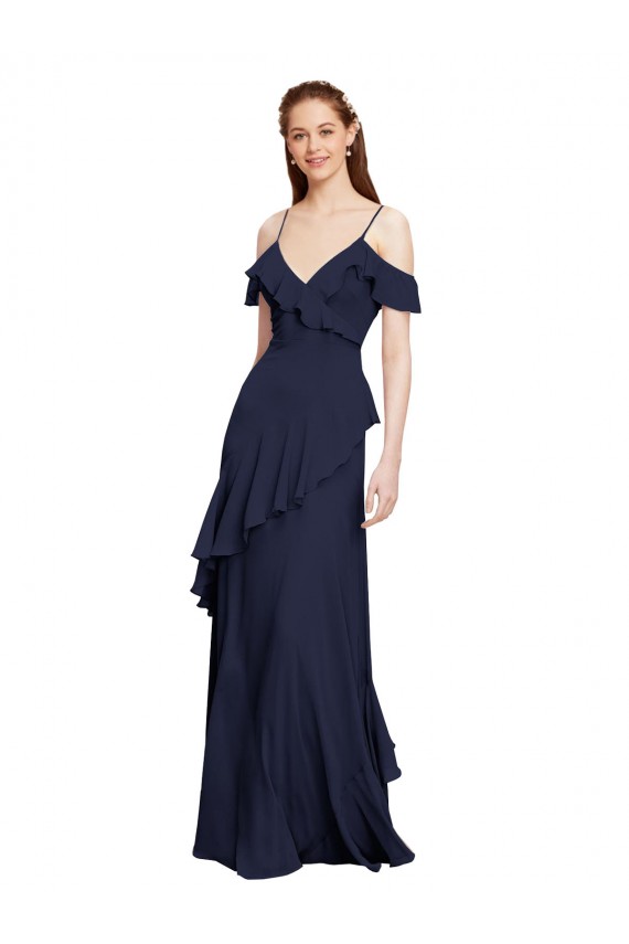 Cascading Ruffles Long Chiffon Bridesmaid Dress with Cold Shoulder