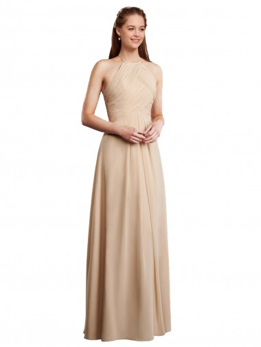 Cheap Draped Halter Neck Long Chiffon Bridesmaid Dress with Tie Back UK