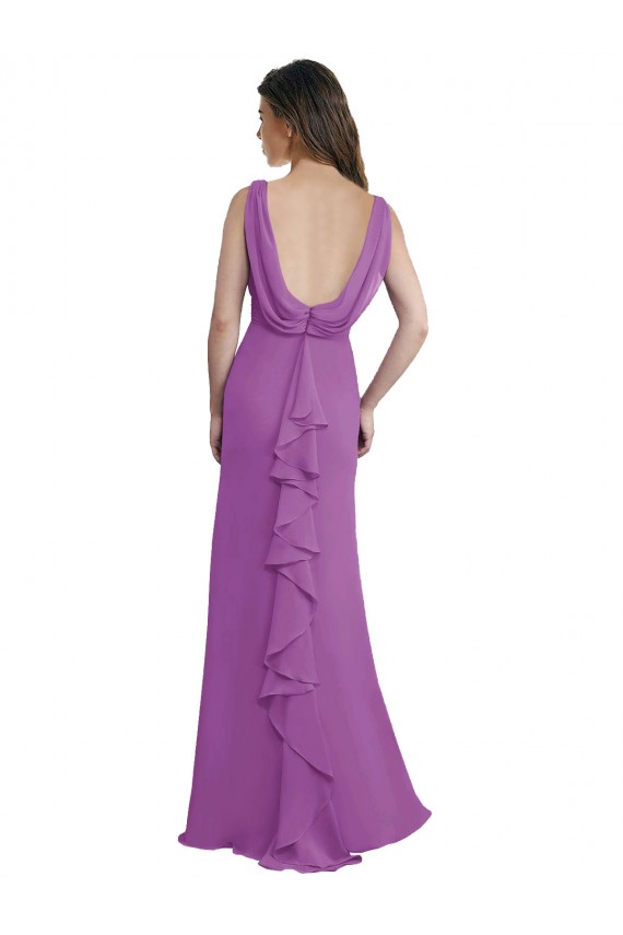 V-Shaped Neckline Long Chiffon Bridesmaid Dress with Cascading Ruffles Back
