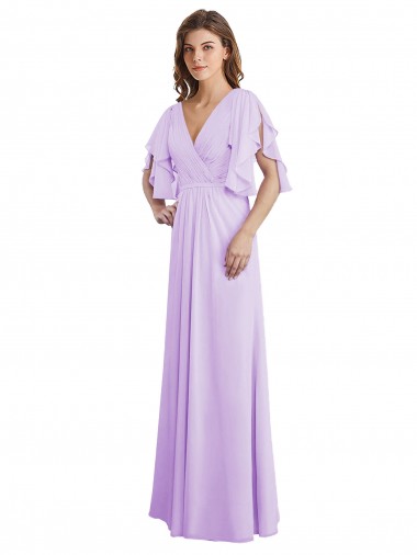 Cheap A-Line Draped Chiffon Bridesmaid Dress with V-Neck and Split Sleeves UK