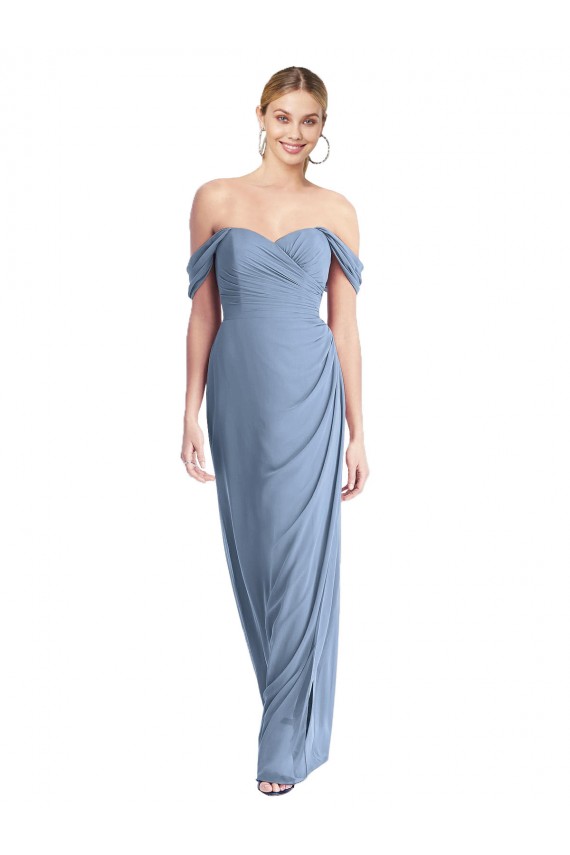 Full Length Draped Off the Shoulder Maxi Bridesmaid Dress with Shirred Streamer