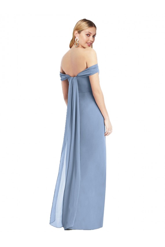 Full Length Draped Off the Shoulder Maxi Bridesmaid Dress with Shirred Streamer