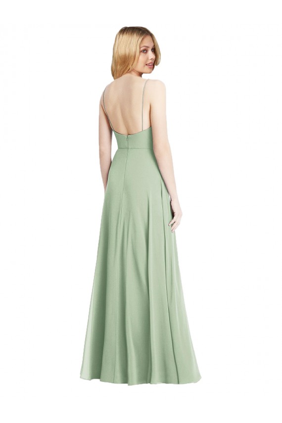 Sleek Spaghetti Straps Low Back Square Neck Maxi Chiffon Bridesmaid Dress