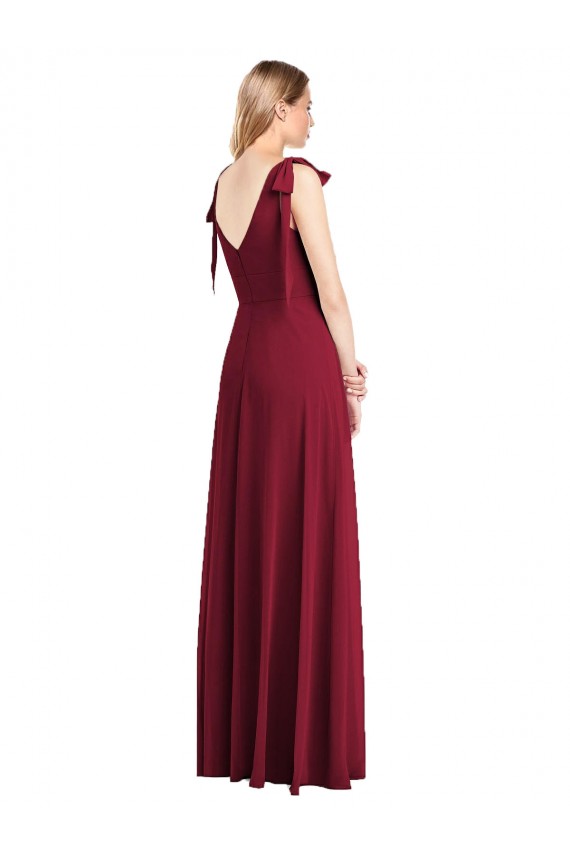 Full Length Bow-Shoulder V-Back Chiffon Bridesmaid Dress with Front Slit