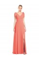 Full Length Bow-Shoulder V-Back Chiffon Bridesmaid Dress with Front Slit