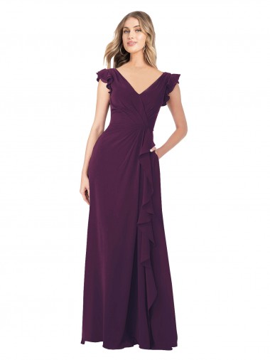 Cheap Ruffle Cap Sleeves Long Chiffon Bridesmaid Dress UK