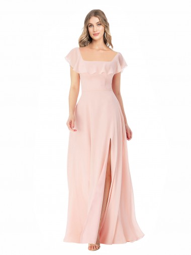 Cheap Flutter Cap Sleeves Square Neck Ruffle Chiffon Bridesmaid Dress UK