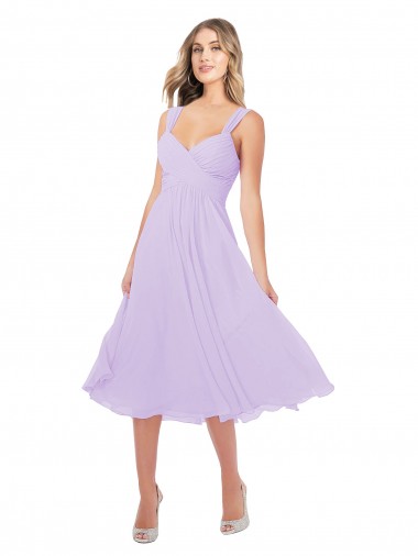 Cheap Draped Midi Length Chiffon Bridesmaid Dress with Ruched Bodice UK