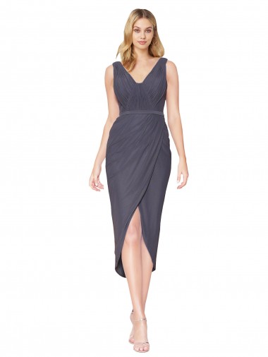 Cheap High Low V-Neck Chiffon Mermaid Wrap Bridesmaid Dress UK