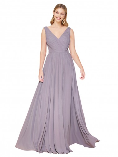 Cheap Draped Floor Length High Neck V-Back Chiffon Bridesmaid Dress with Shirred Bodice UK