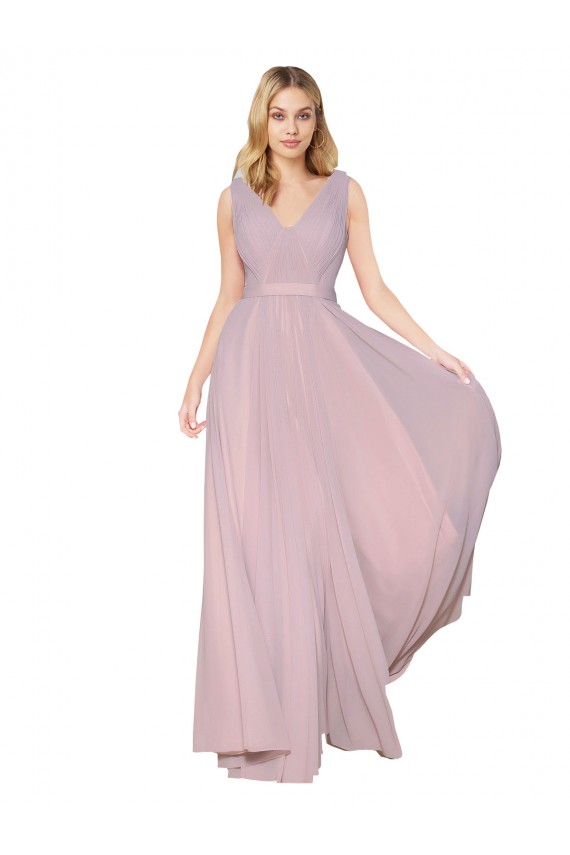 Draped V-Neck Long Chiffon Bridesmaid Dress with Shirred Bodice