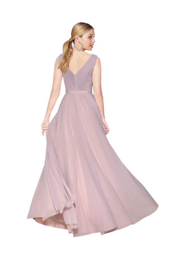 Draped V-Neck Long Chiffon Bridesmaid Dress with Shirred Bodice