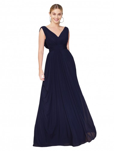Cheap Draped Long V-Neck Floor Length Chiffon Bridesmaid Dress UK