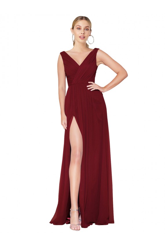Draped Mermaid Long V-Neck Chiffon Bridesmaid Dress with High Slit