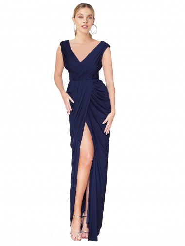 Cheap Draped V-Neck Long Chiffon Bridesmaid Dress with Front Slit UK