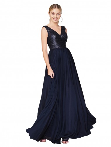 Cheap High Neck V-Neck Long Chiffon Bridesmaid Dress with Sequin Top UK