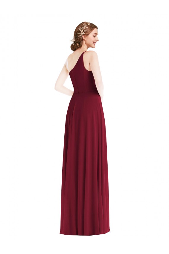 One Shoulder Chiffon Maxi Bridesmaid Dress with Shirred Front Slit
