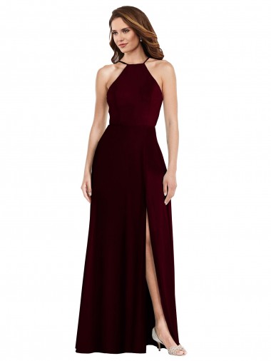 Cheap Halter Spaghetti Straps Maxi Bridesmaid Dress with Front Slit UK