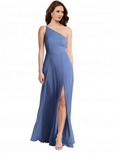 Cheap One Shoulder Full Length Maxi Bridesmaid Dress with Flirty Slit UK
