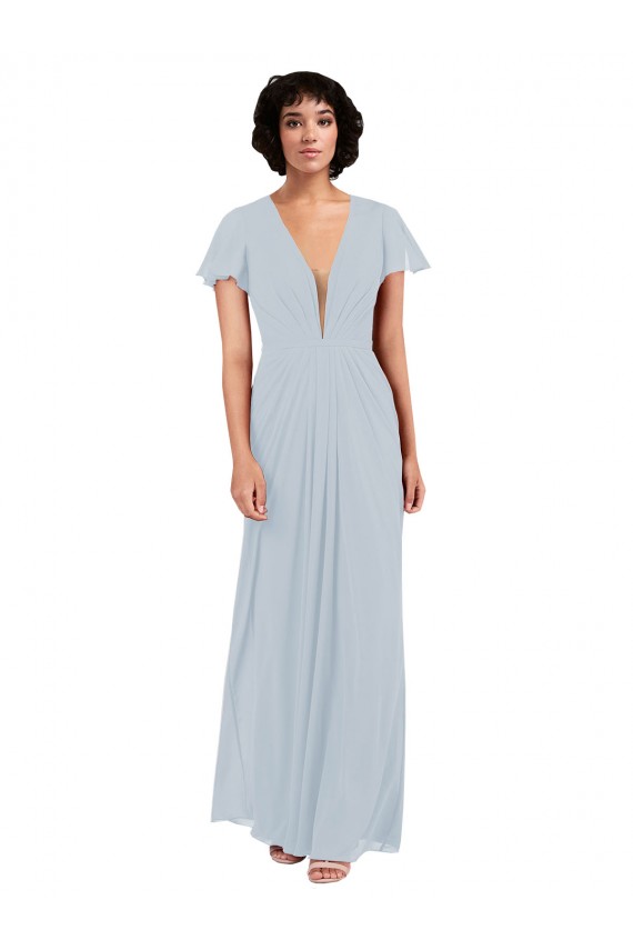 Deep V-Neckline Chiffon Bridesmaid Dress with Flutter Sleeves