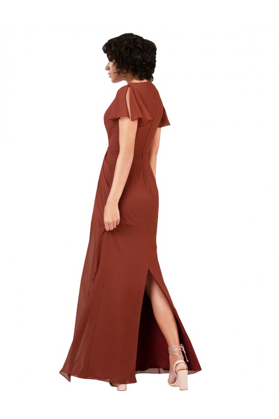 Deep V-Neckline Chiffon Bridesmaid Dress with Flutter Sleeves