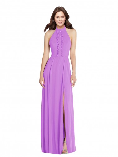 Cheap Halter Backless Maxi Bridesmaid Dress with Button Ruffle Placket UK