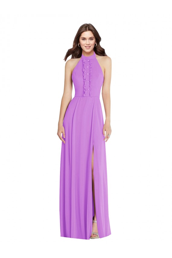 Halter Backless Maxi Bridesmaid Dress with Button Ruffle Placket