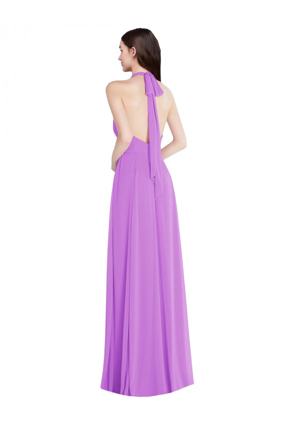 Halter Backless Maxi Bridesmaid Dress with Button Ruffle Placket