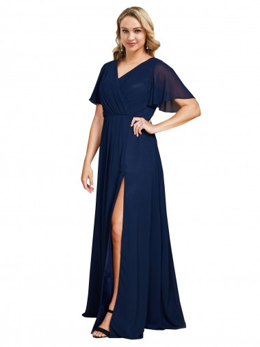 Cheap Chiffon V-Neck Short Sleeves Long Bridesmaid Dress with High Slit UK