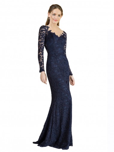 Cheap Illusion Long Sleeves Lace Bridesmaid Dress with Sheer Keyhole Back UK