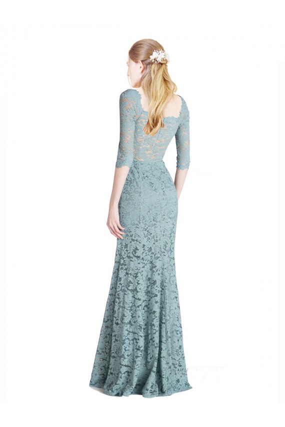 Half Sleeves Pleated Lace Bridesmaid Dress with Wrap-Around Portrait Neckline