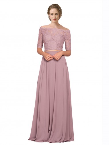 Cheap Off the Shoulder Lace Crop Top A-Line Chiffon Bridesmaid Dress UK
