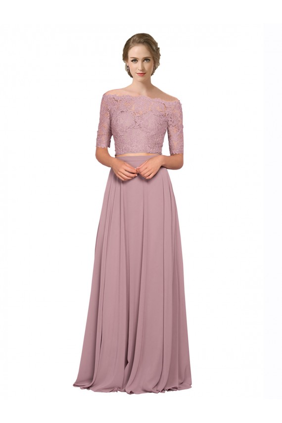 Off the Shoulder Lace Crop Top A-Line Chiffon Bridesmaid Dress