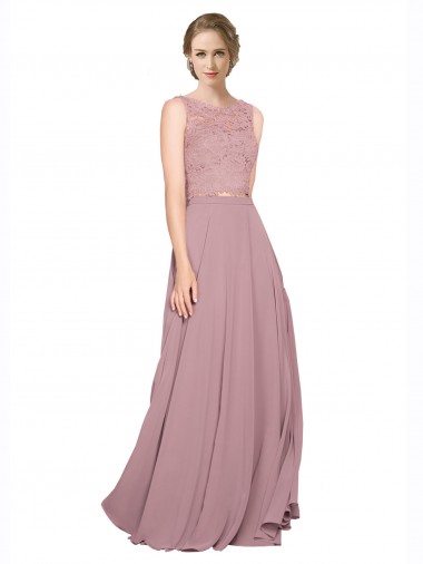 Cheap Long A-Line Chiffon Bridesmaid Dress with Sleeveless Lace Crop Top UK