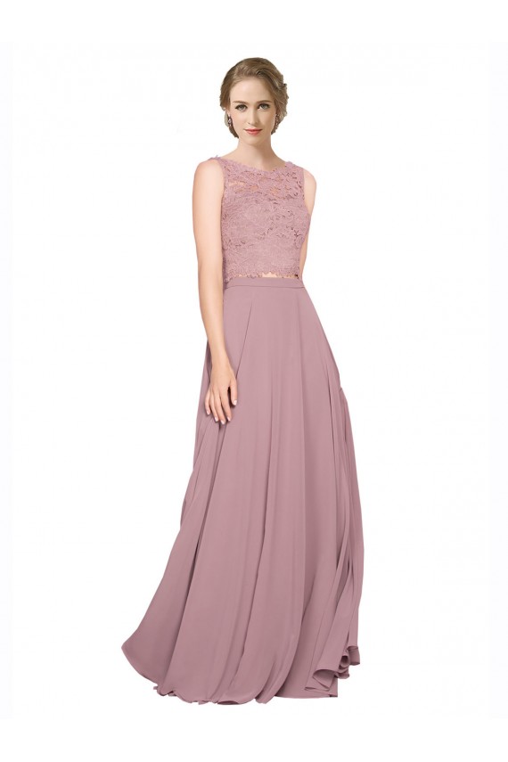 Long A-Line Chiffon Bridesmaid Dress with Sleeveless Lace Crop Top