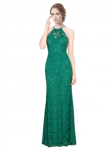 Cheap High Illusion Halter Neck Long Lace Bridesmaid Dress UK