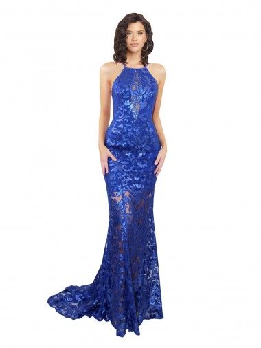 Cheap High Neck Long Open Back Lace Bridesmaid Dress with Train UK