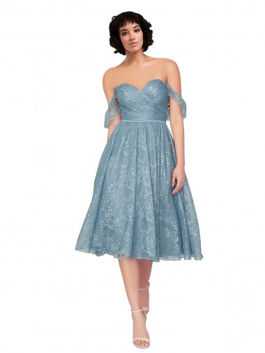 Cheap Off the Shoulder Sweetheart Chantilly Lace Midi Length Bridesmaid Dress UK
